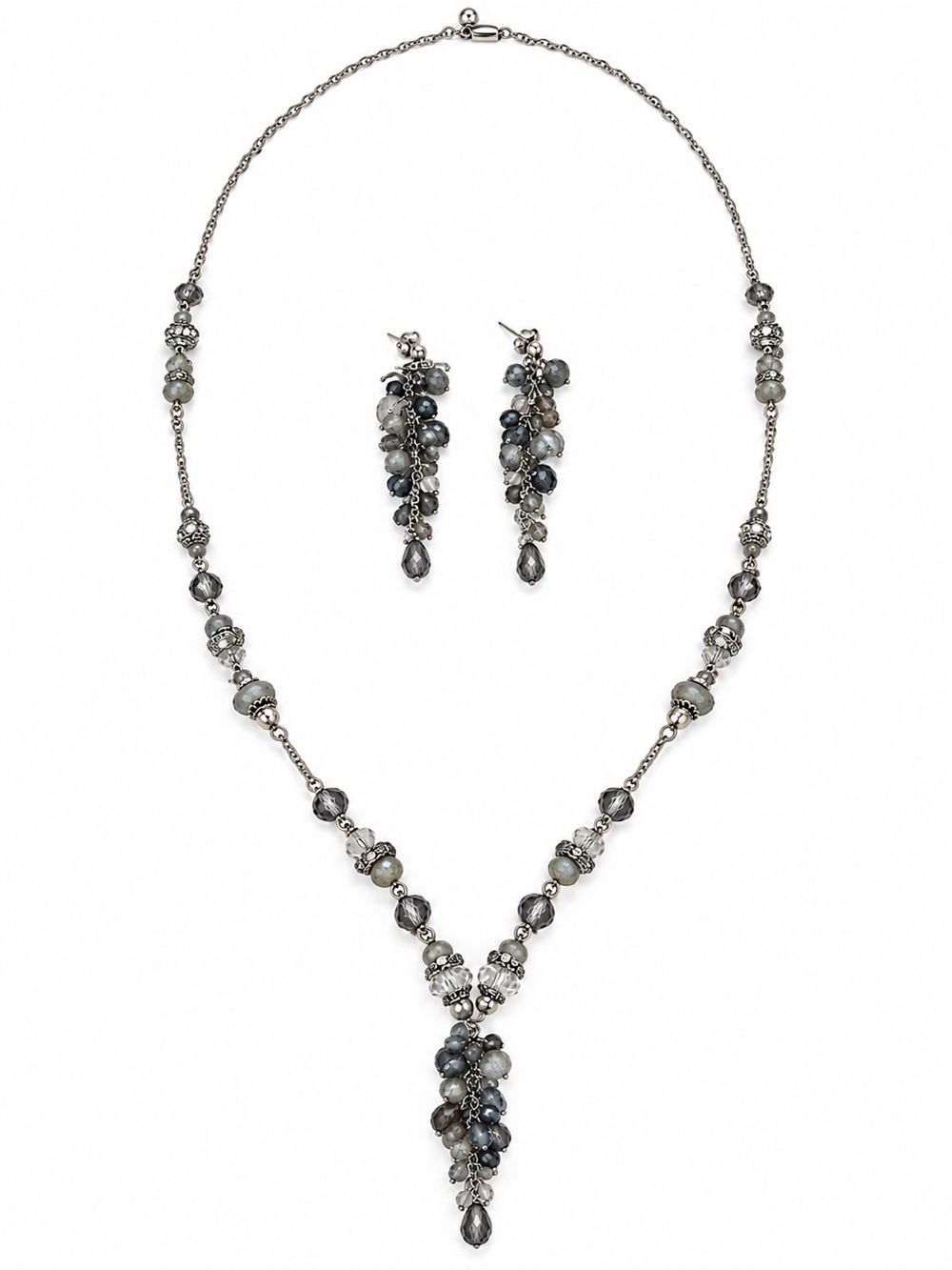 Elegant Grey, Blue and Translucent Beaded Drop Necklace & Earrings